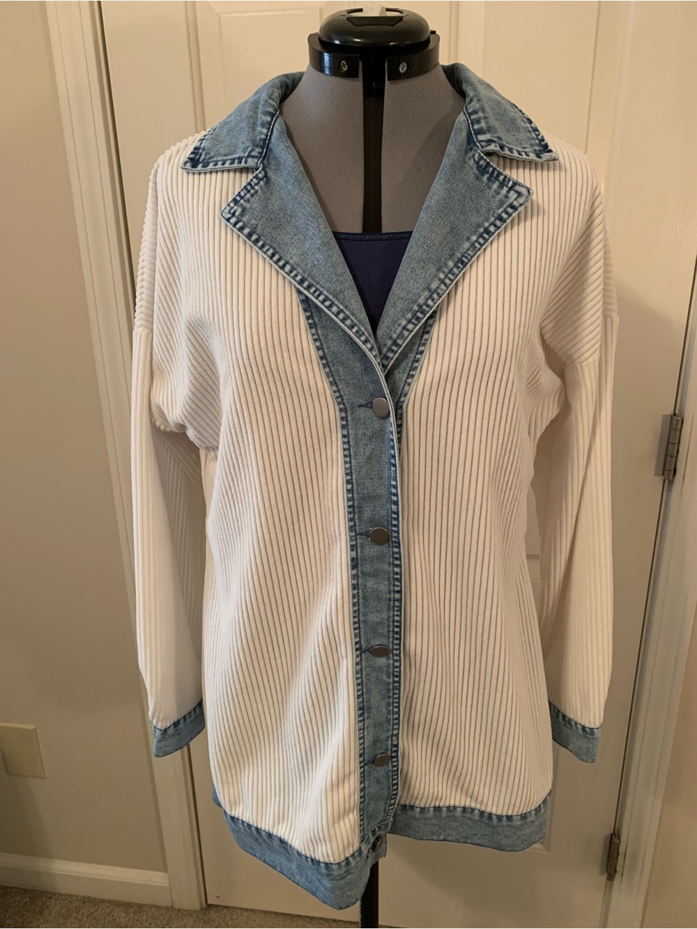 Women's Cream Ribbed Jacket with Light Blue Denim Trim